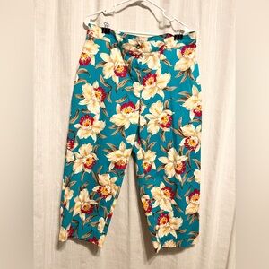 Jones New York Sport Cotton Teal Hawaiian Cream Red Floral Cropped Pants 14w